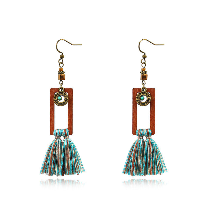 Wholesale Bohemian Square Tassel Long Wooden Earrings